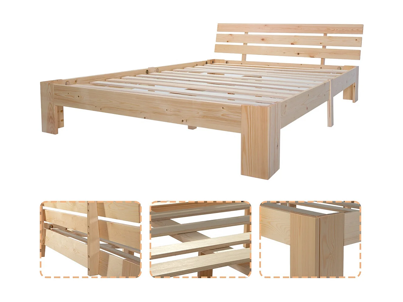 Lit double 140x200 cm, sommier à lattes inclus, rangement sous le lit, bois massif, coloris naturel(Sans matelas)