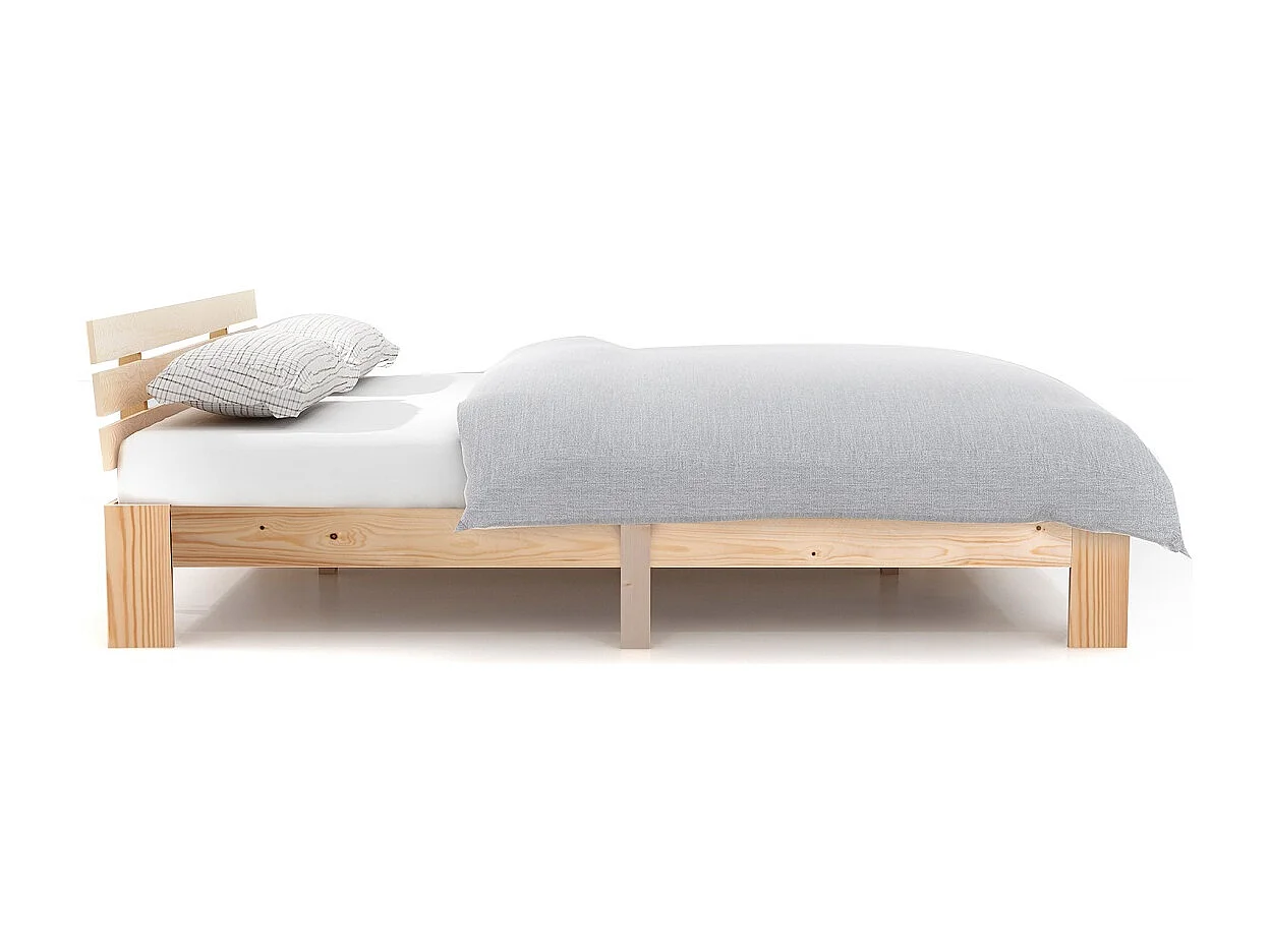 Lit double 140x200 cm, sommier à lattes inclus, rangement sous le lit, bois massif, coloris naturel(Sans matelas)