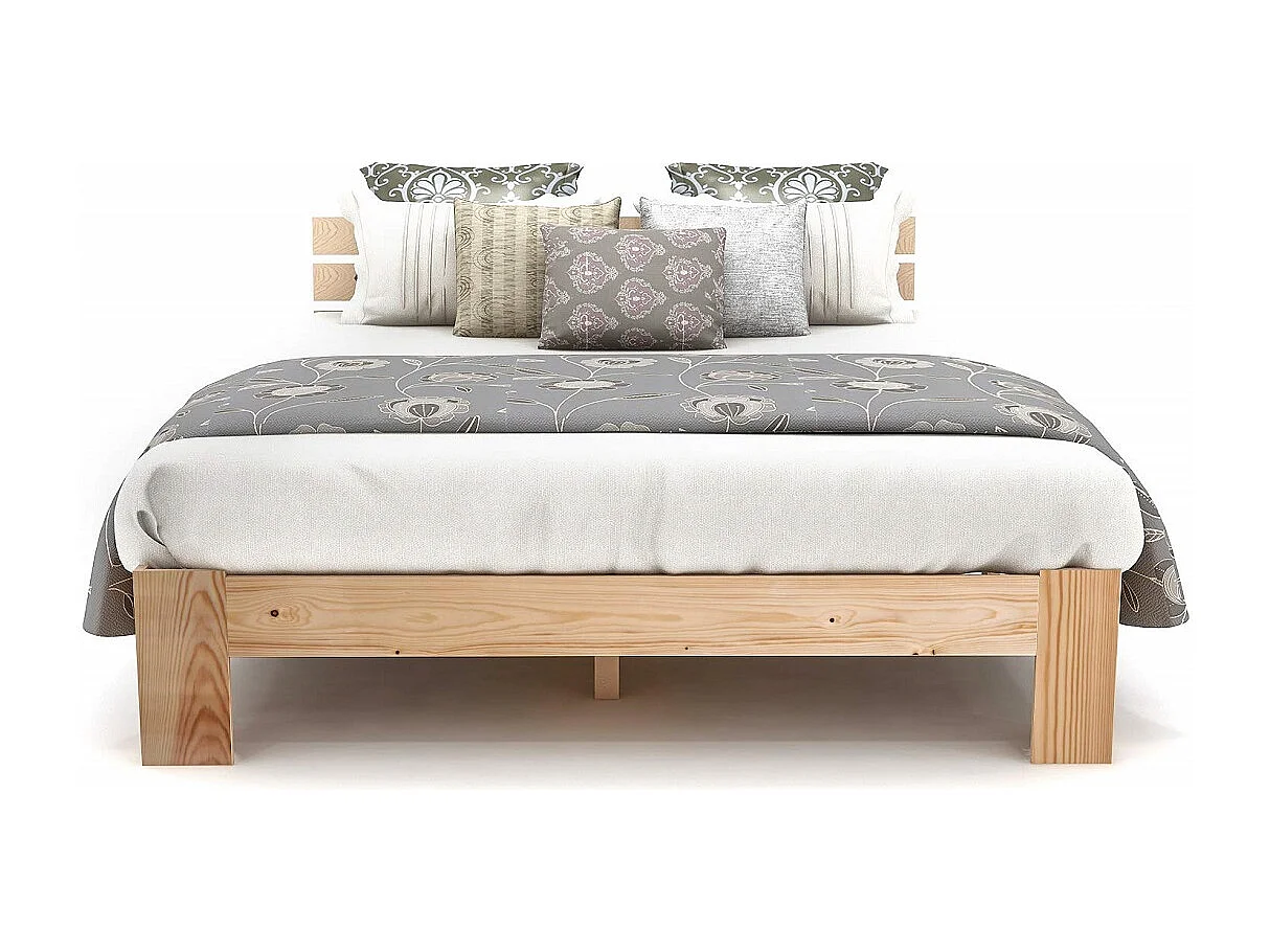 Lit double 140x200 cm, sommier à lattes inclus, rangement sous le lit, bois massif, coloris naturel(Sans matelas)