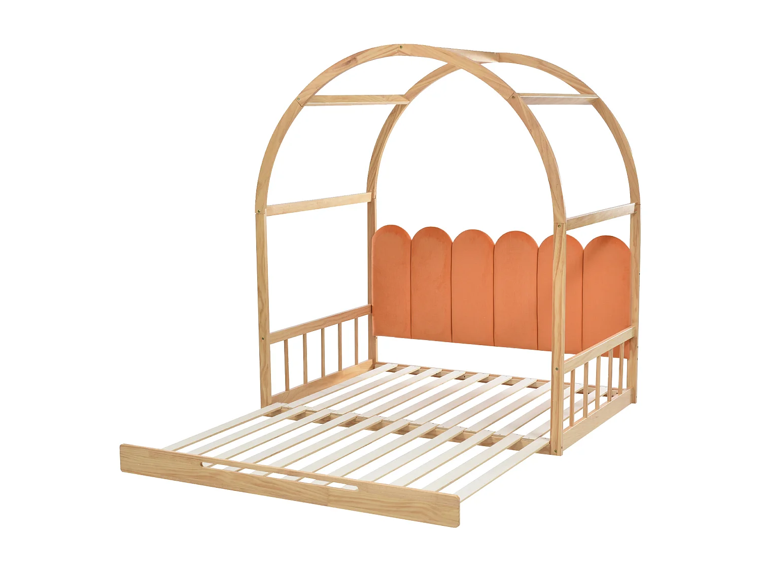 Lit gigogne 140x200 cm avec toit cintré, coussin et protection 3 côtés, bois et MDF, naturel et orange (Sans matelas)