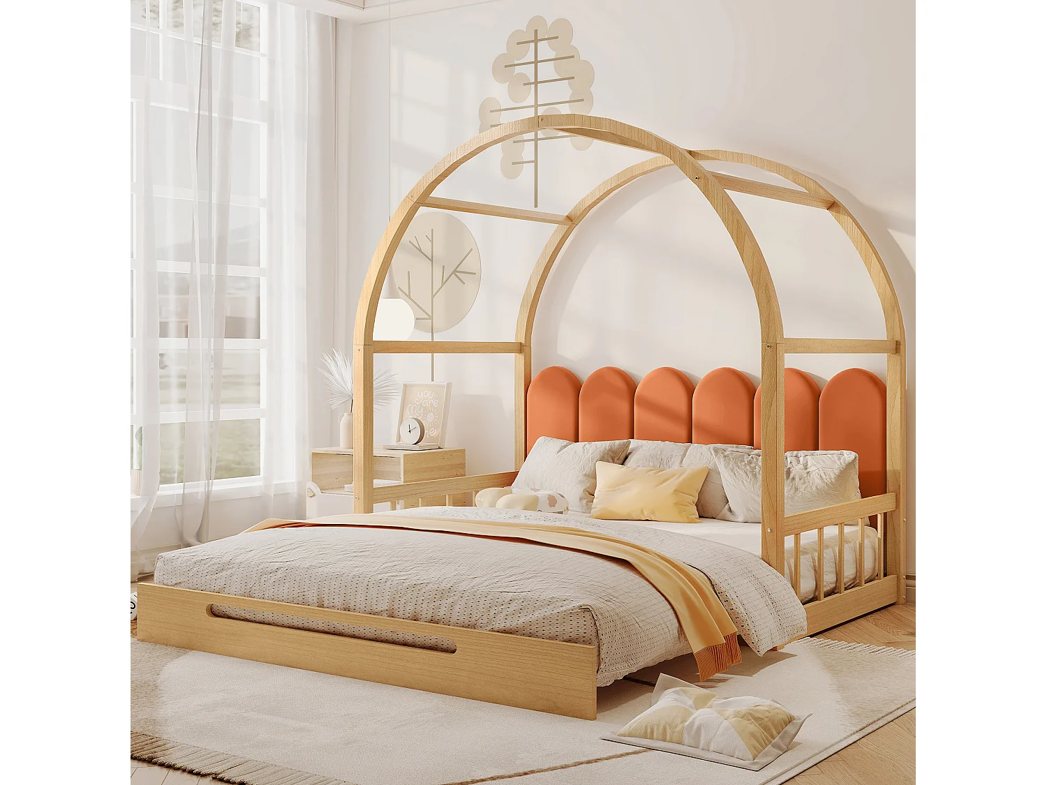 Lit gigogne 140x200 cm avec toit cintré, coussin et protection 3 côtés, bois et MDF, naturel et orange (Sans matelas)