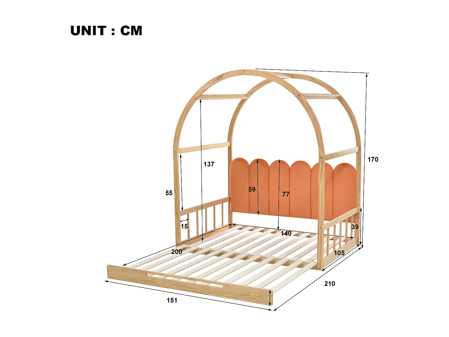 Lit gigogne 140x200 cm avec toit cintré, coussin et protection 3 côtés, bois et MDF, naturel et orange (Sans matelas)