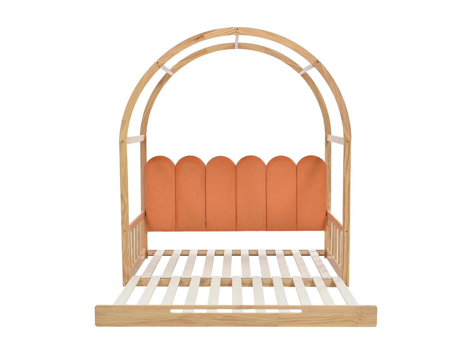 Lit gigogne 140x200 cm avec toit cintré, coussin et protection 3 côtés, bois et MDF, naturel et orange (Sans matelas)