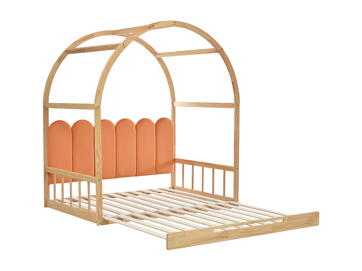 Lit gigogne 140x200 cm avec toit cintré, coussin et protection 3 côtés, bois et MDF, naturel et orange (Sans matelas)