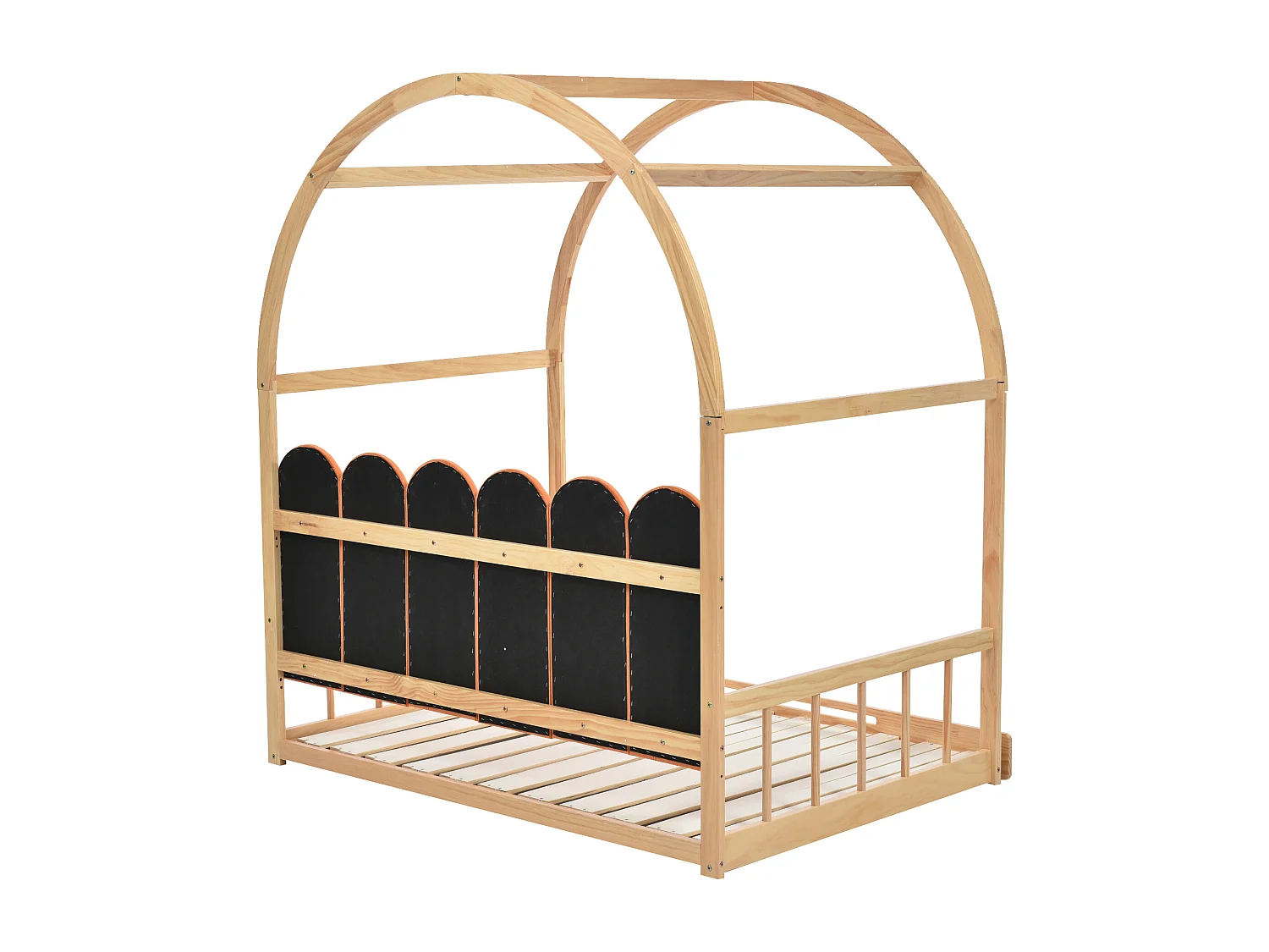 Lit gigogne 140x200 cm avec toit cintré, coussin et protection 3 côtés, bois et MDF, naturel et orange (Sans matelas)