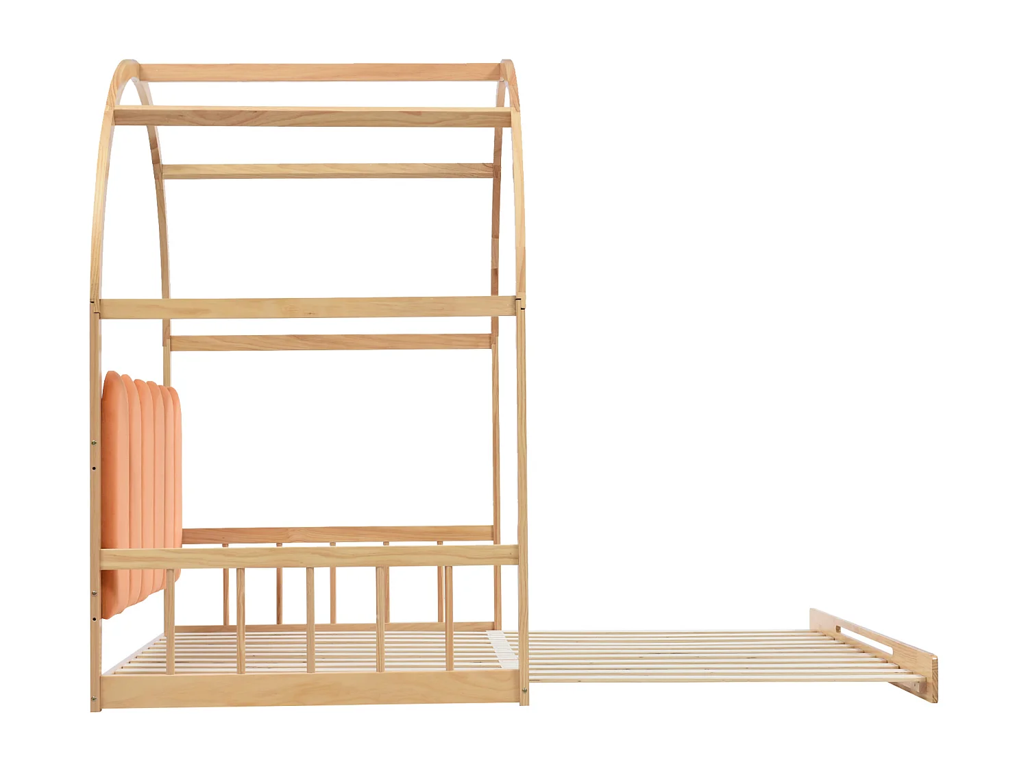 Lit gigogne 140x200 cm avec toit cintré, coussin et protection 3 côtés, bois et MDF, naturel et orange (Sans matelas)