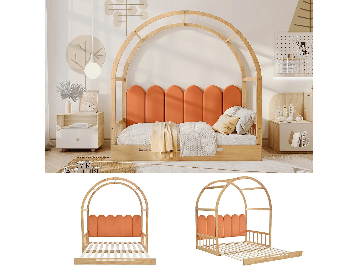 Lit gigogne 140x200 cm avec toit cintré, coussin et protection 3 côtés, bois et MDF, naturel et orange (Sans matelas)