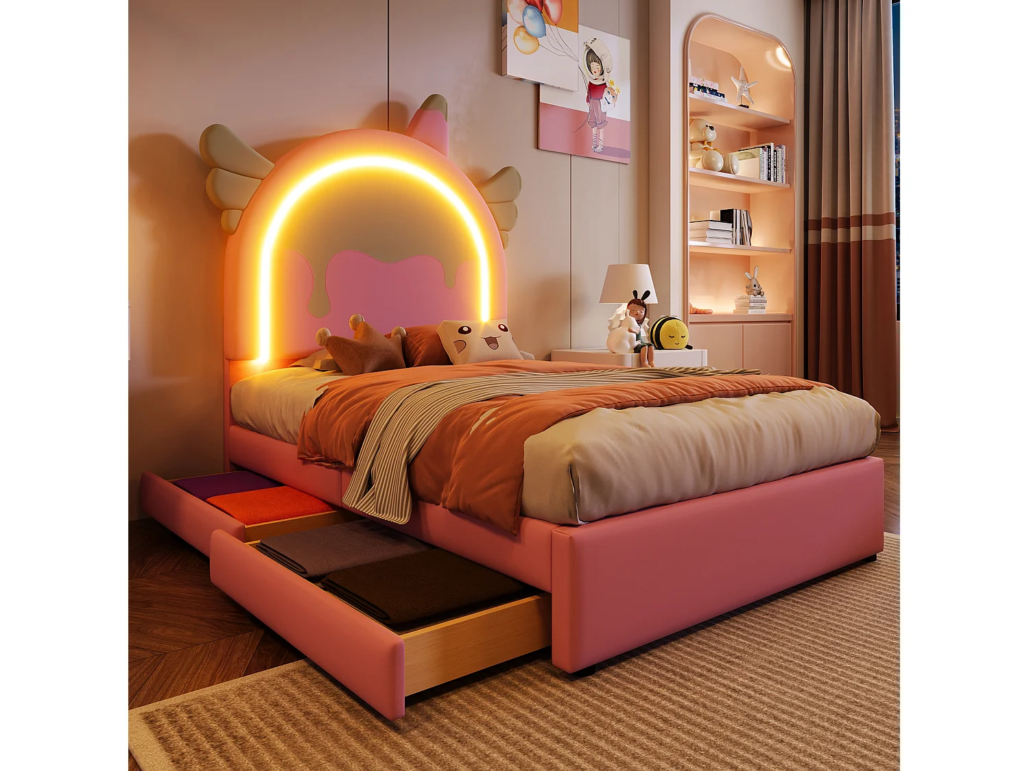 Lit enfant 90x200 cm avec bande lumineuse, avec 2 tiroirs, en PU rose forme licorne (Sans matelas)
