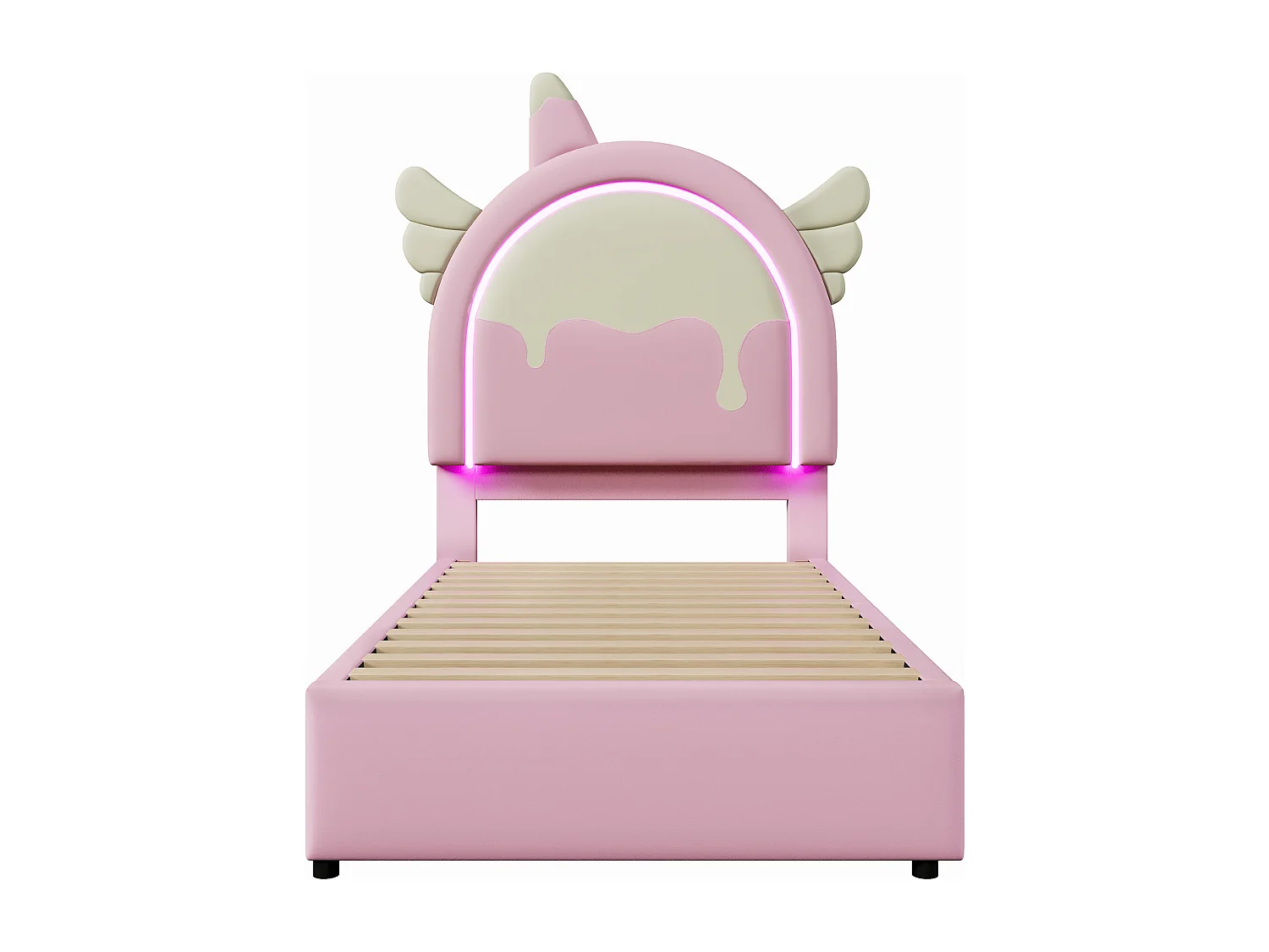 Lit enfant 90x200 cm avec bande lumineuse, avec 2 tiroirs, en PU rose forme licorne (Sans matelas)