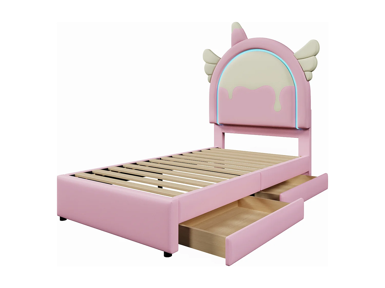 Lit enfant 90x200 cm avec bande lumineuse, avec 2 tiroirs, en PU rose forme licorne (Sans matelas)