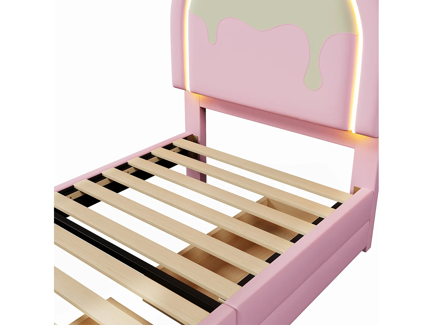 Lit enfant 90x200 cm avec bande lumineuse, avec 2 tiroirs, en PU rose forme licorne (Sans matelas)