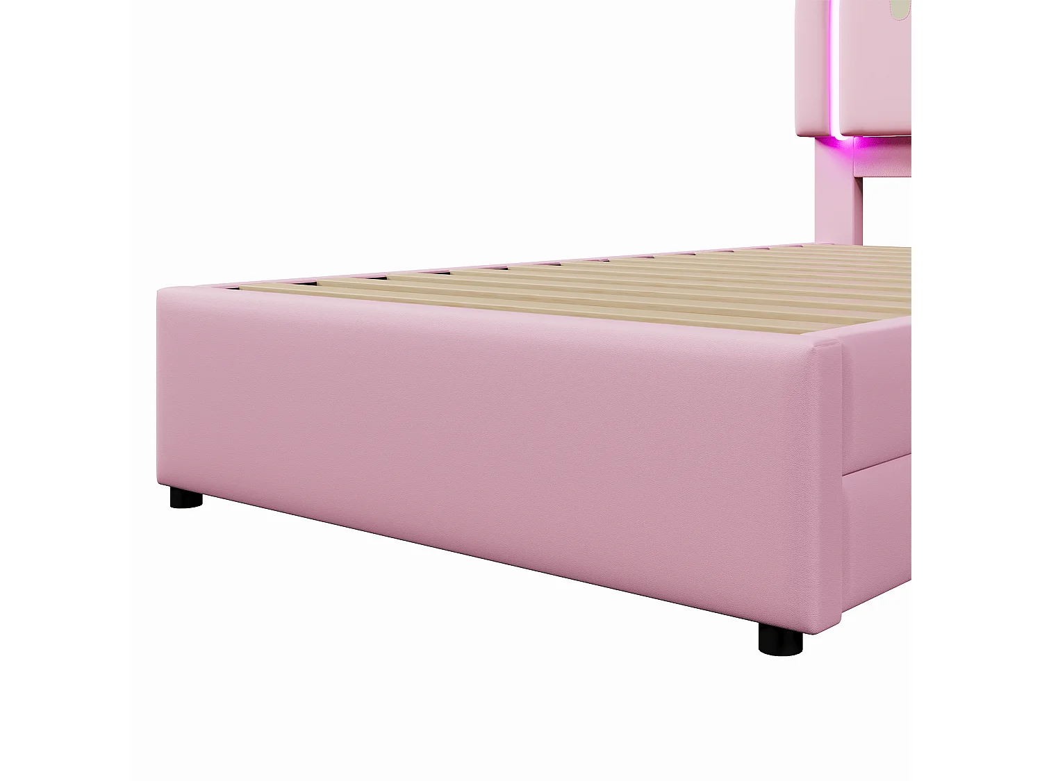 Lit enfant 90x200 cm avec bande lumineuse, avec 2 tiroirs, en PU rose forme licorne (Sans matelas)