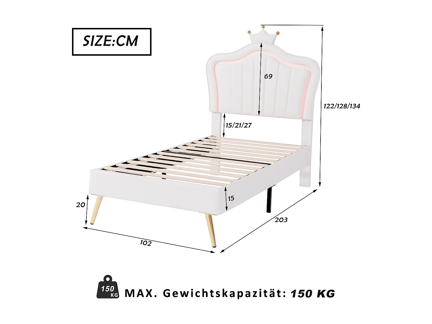 Lit enfant 90x200 cm avec tête de lit coquillage couronne et LED MDF et similicuir blanc (Sans matelas)
