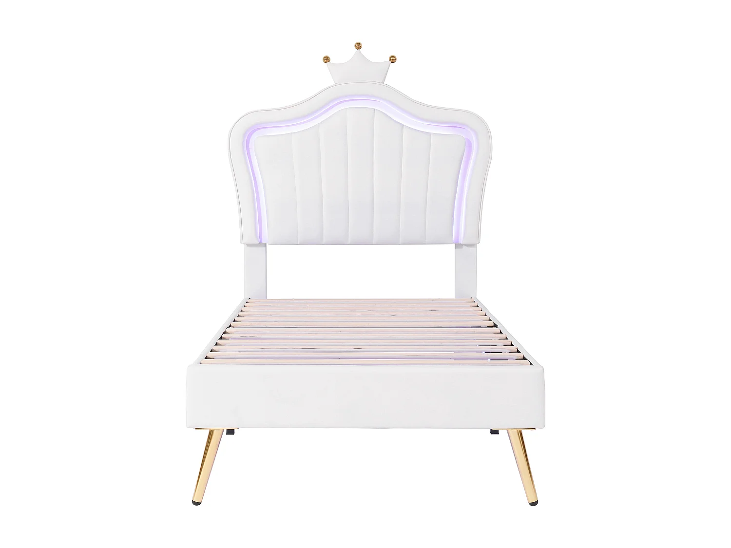 Lit enfant 90x200 cm avec tête de lit coquillage couronne et LED MDF et similicuir blanc (Sans matelas)