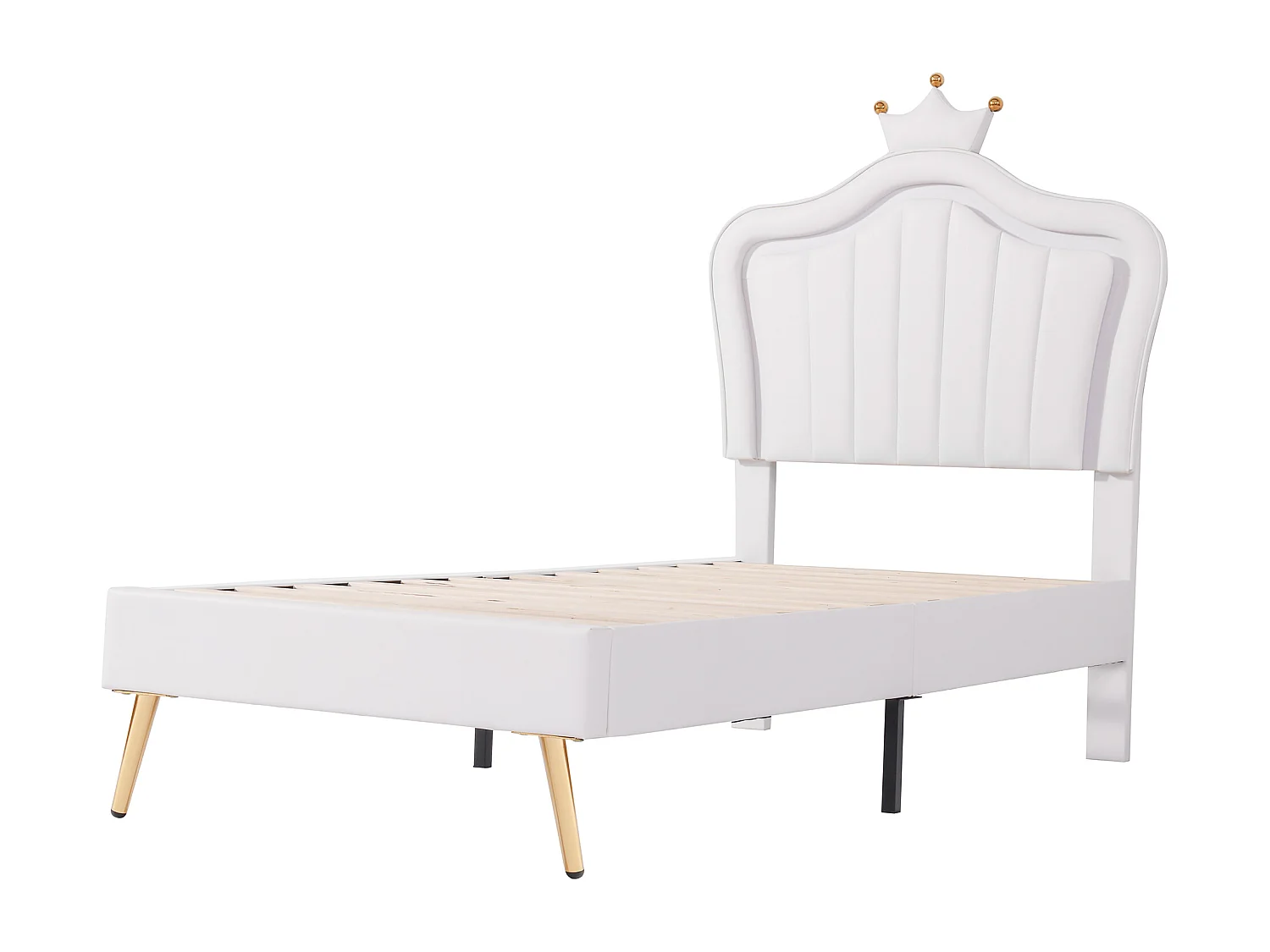 Lit enfant 90x200 cm avec tête de lit coquillage couronne et LED MDF et similicuir blanc (Sans matelas)
