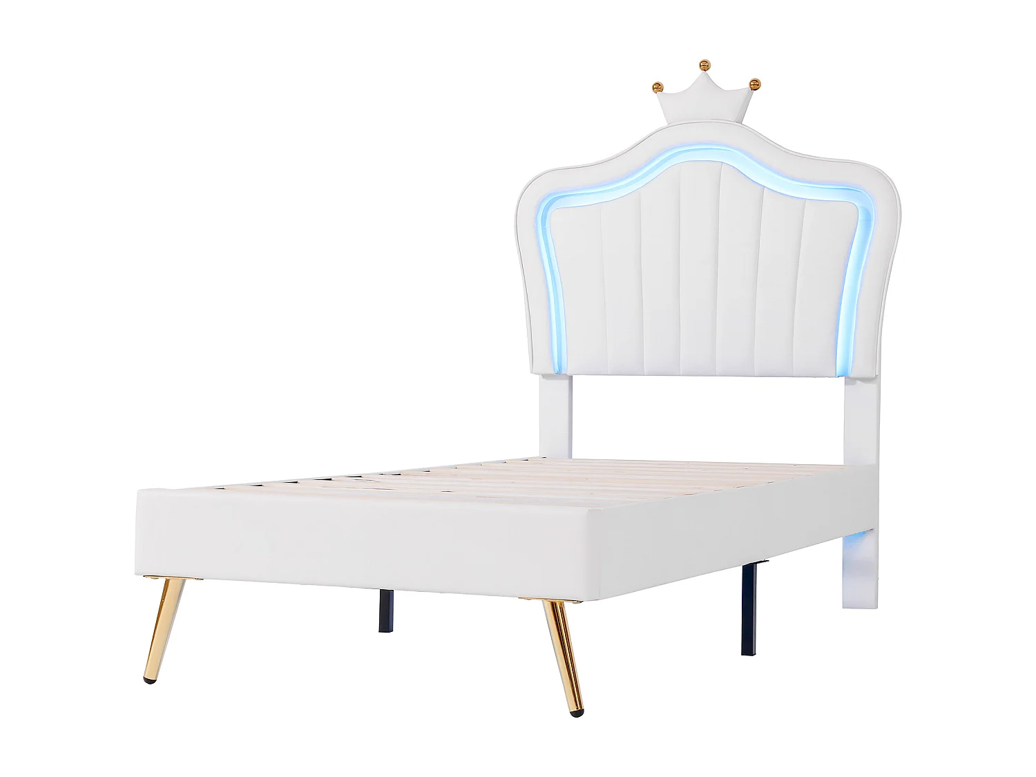 Lit enfant 90x200 cm avec tête de lit coquillage couronne et LED MDF et similicuir blanc (Sans matelas)