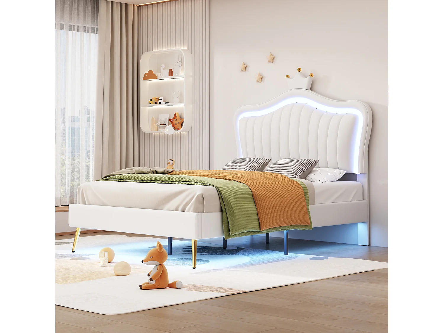 Lit enfant 90x200 cm avec tête de lit coquillage couronne et LED MDF et similicuir blanc (Sans matelas)
