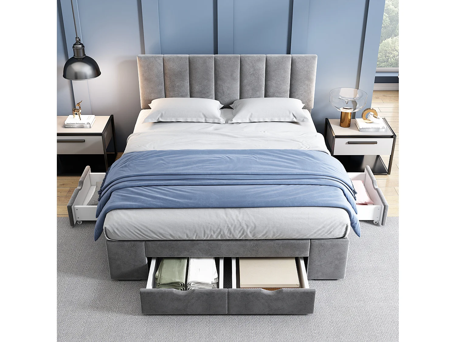 Lit adulte 140x200 cm avec sommier à lattes, tête de lit réglable et 4 tiroirs, velours gris (Sans matelas)