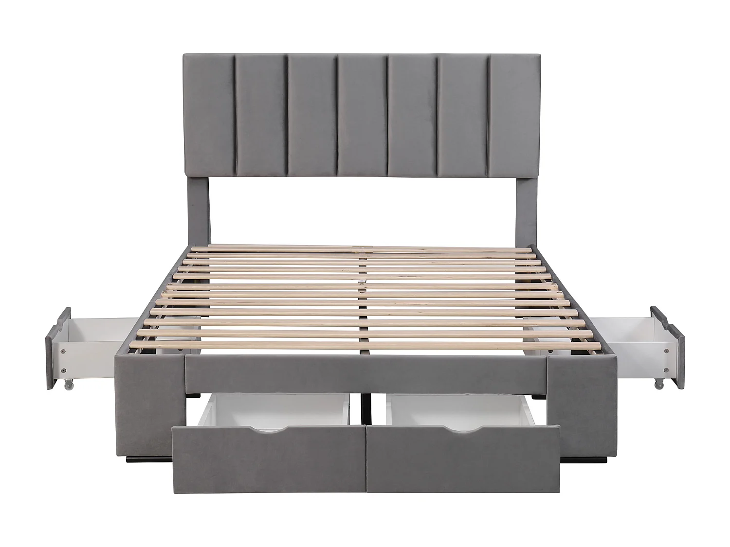 Lit adulte 140x200 cm avec sommier à lattes, tête de lit réglable et 4 tiroirs, velours gris (Sans matelas)