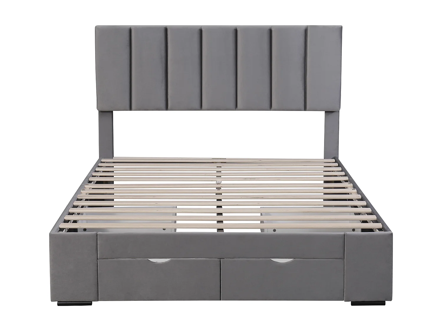 Lit adulte 140x200 cm avec sommier à lattes, tête de lit réglable et 4 tiroirs, velours gris (Sans matelas)
