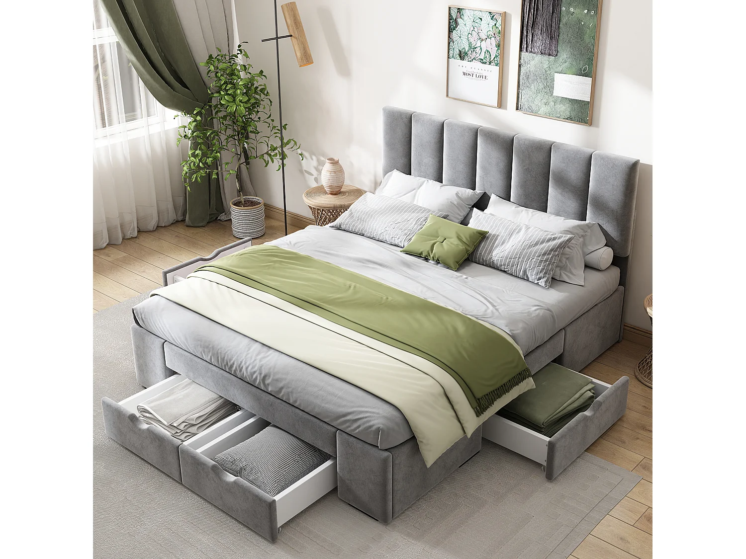 Lit adulte 140x200 cm avec sommier à lattes, tête de lit réglable et 4 tiroirs, velours gris (Sans matelas)