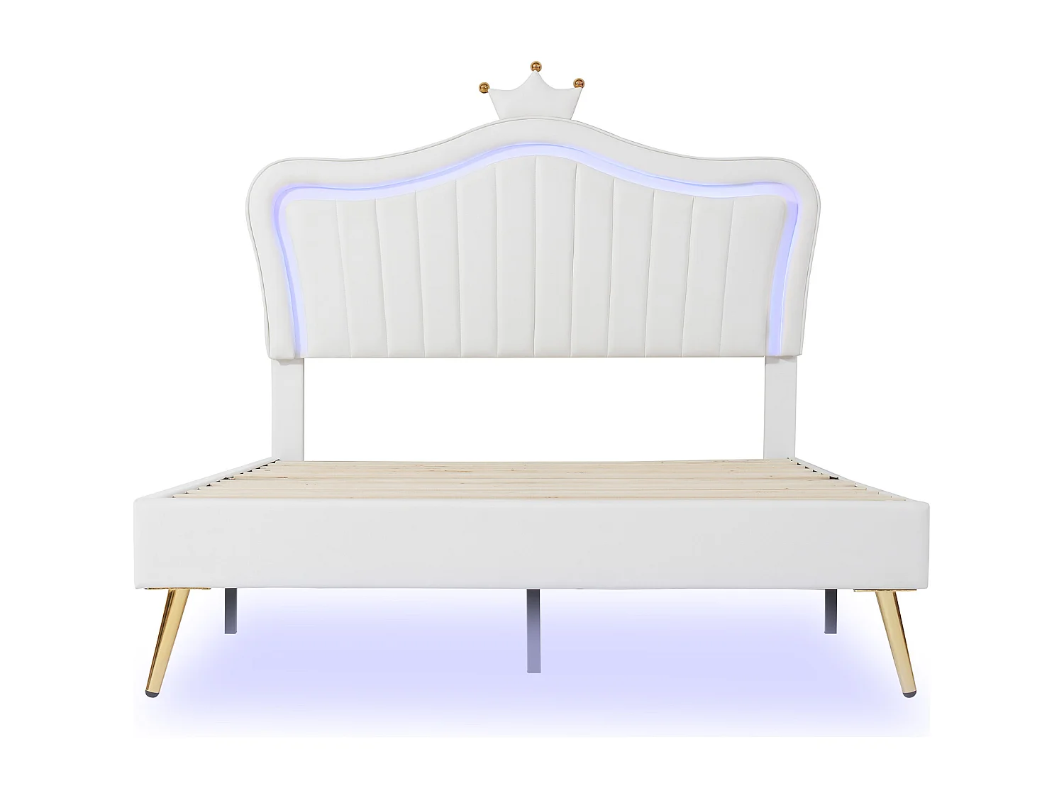 Lit enfant 140x200 cm avec LED et tête de lit réglable en simili cuir blanc (Sans matelas)