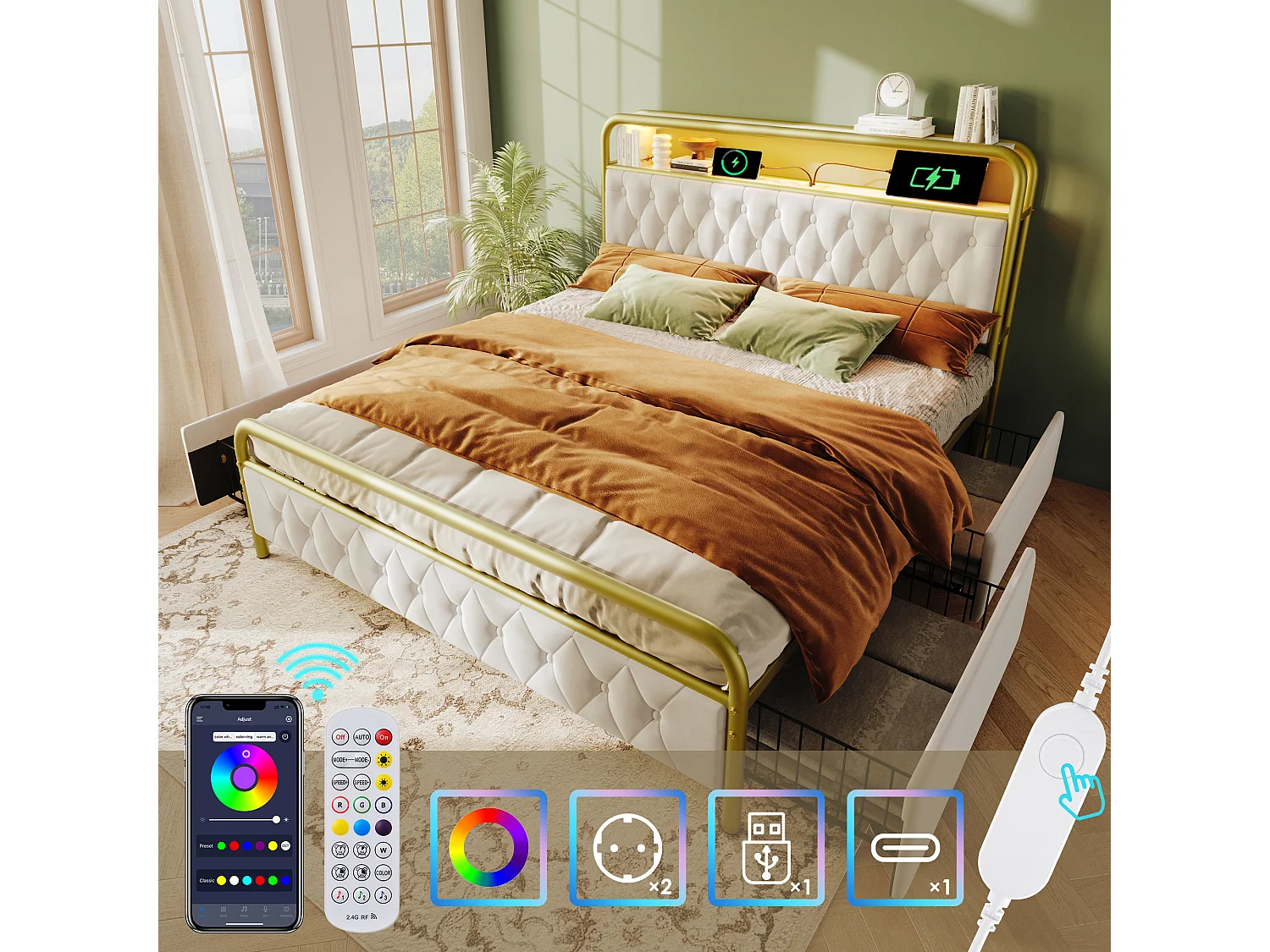 Lit adulte 140x200 cm avec sommier et 2 tiroirs - cadre de lit en métal avec USB et LED - velours - blanc (sans matelas)