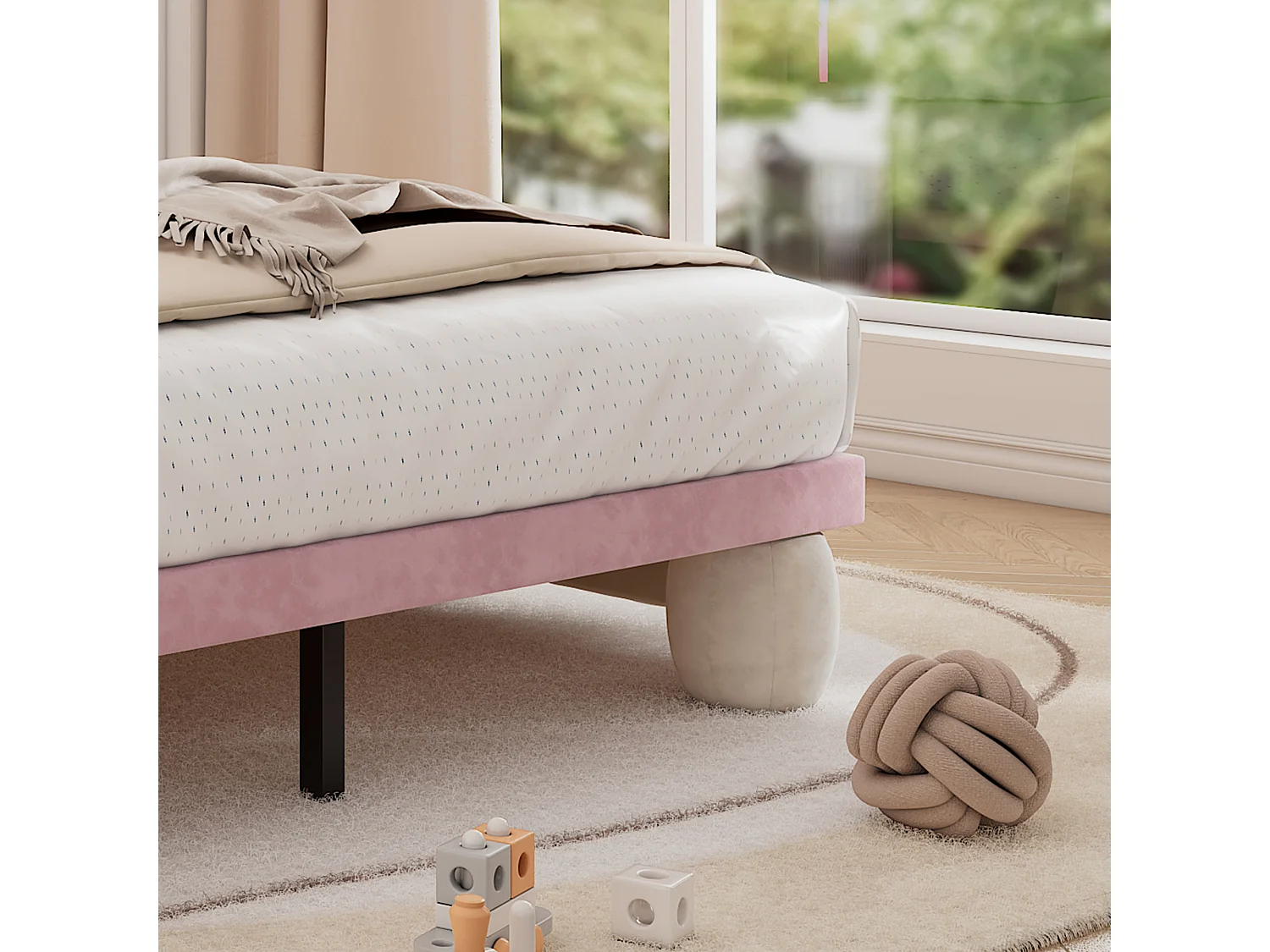 Lit double 140x200cm avec LED pieds rembourrés et sommier à lattes Revêtement velours en beige pour enfants et adolescents