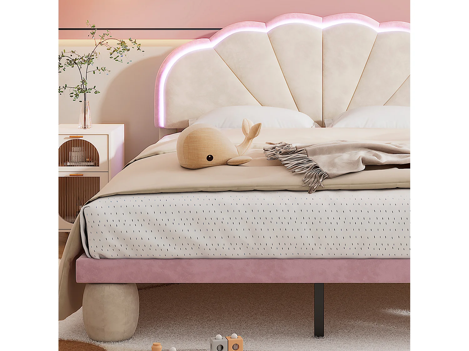 Lit double 140x200cm avec LED pieds rembourrés et sommier à lattes Revêtement velours en beige pour enfants et adolescents