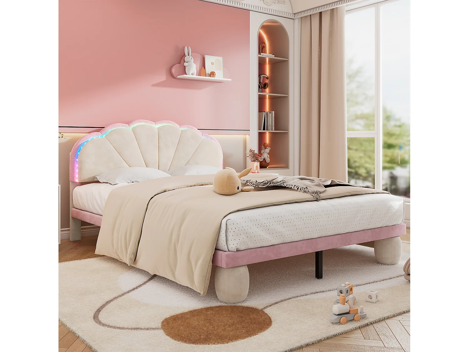 Lit double 140x200 cm avec bandes lumineuses multicolores, tête de lit ondulée, velours beige et rose (Sans matelas)