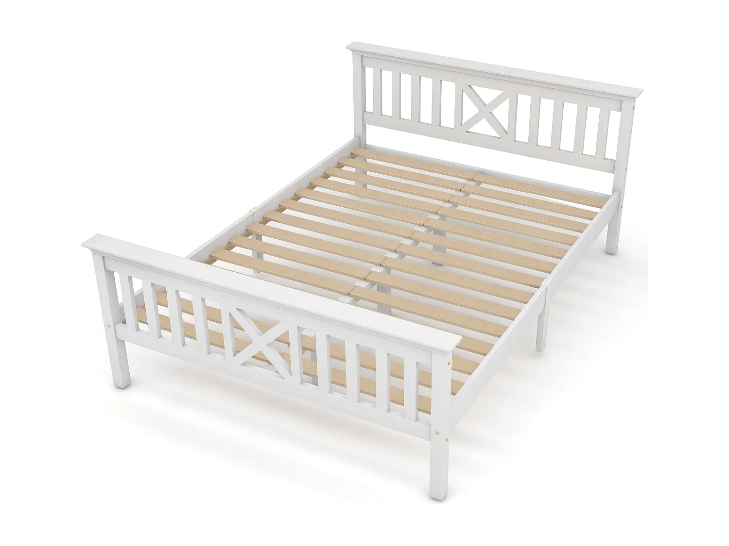 Lit double 140x200 cm, tête de lit en X, rangement modulable, bois massif et MDF blanc(Sans matelas)