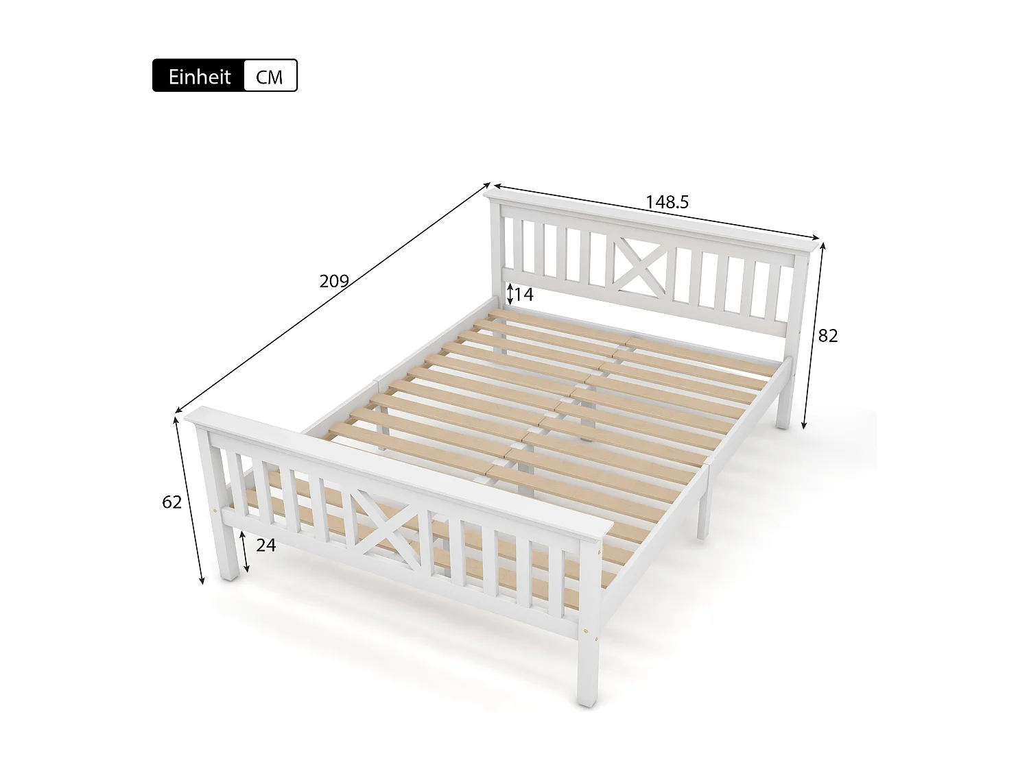 Lit double 140x200 cm, tête de lit en X, rangement modulable, bois massif et MDF blanc(Sans matelas)