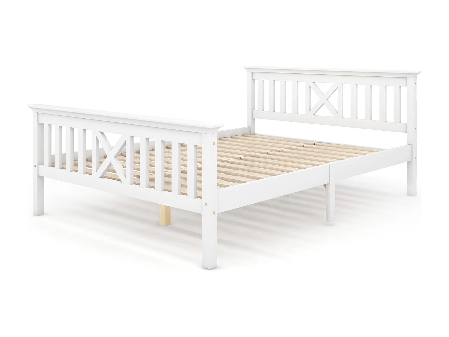 Lit double 140x200 cm, tête de lit en X, rangement modulable, bois massif et MDF blanc(Sans matelas)