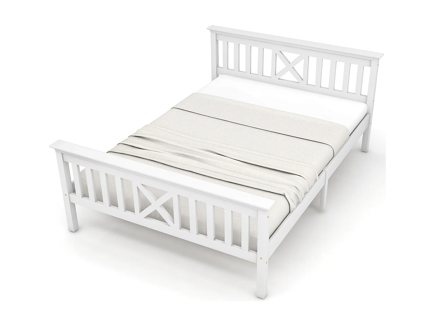 Lit double 140x200 cm, tête de lit en X, rangement modulable, bois massif et MDF blanc(Sans matelas)