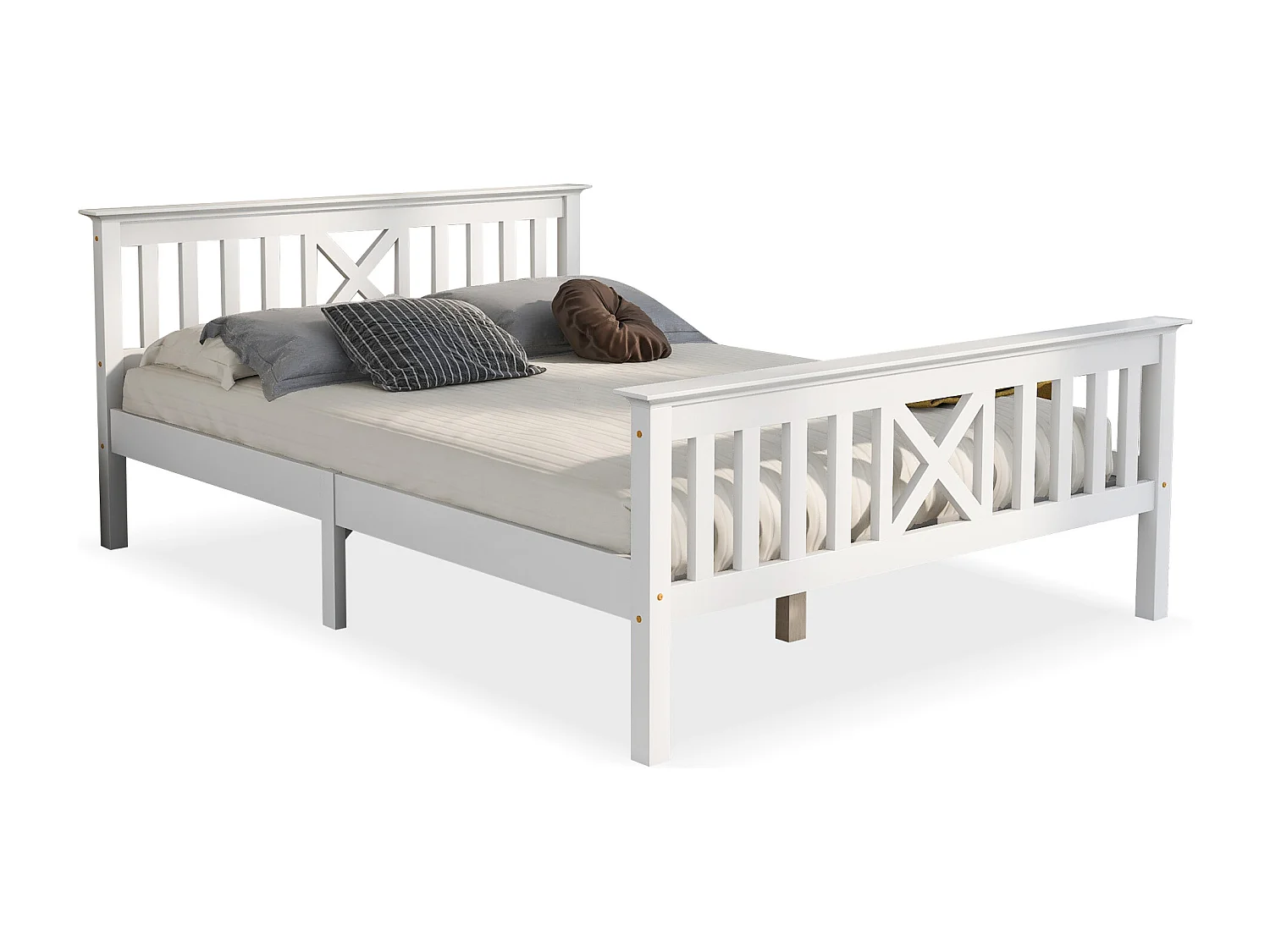 Lit double 140x200 cm, tête de lit en X, rangement modulable, bois massif et MDF blanc(Sans matelas)