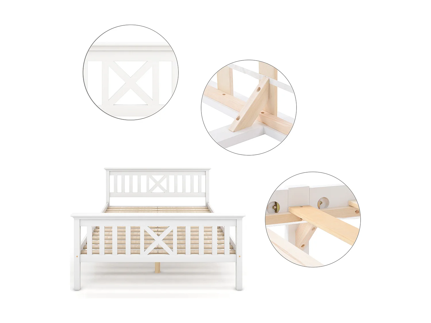 Lit double 140x200 cm, tête de lit en X, rangement modulable, bois massif et MDF blanc(Sans matelas)