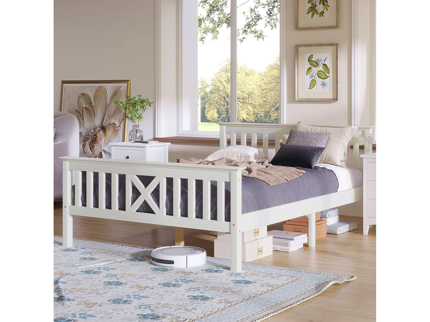 Lit double 140x200 cm, tête de lit en X, rangement modulable, bois massif et MDF blanc(Sans matelas)