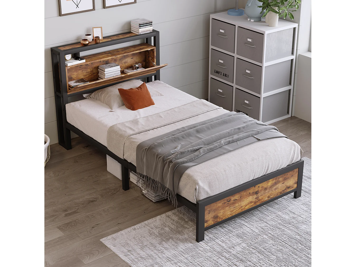 Lit enfant 90x200 cm avec sommier métallique - tête de lit rangement - cadre de lit en métal - marron (sans matelas)