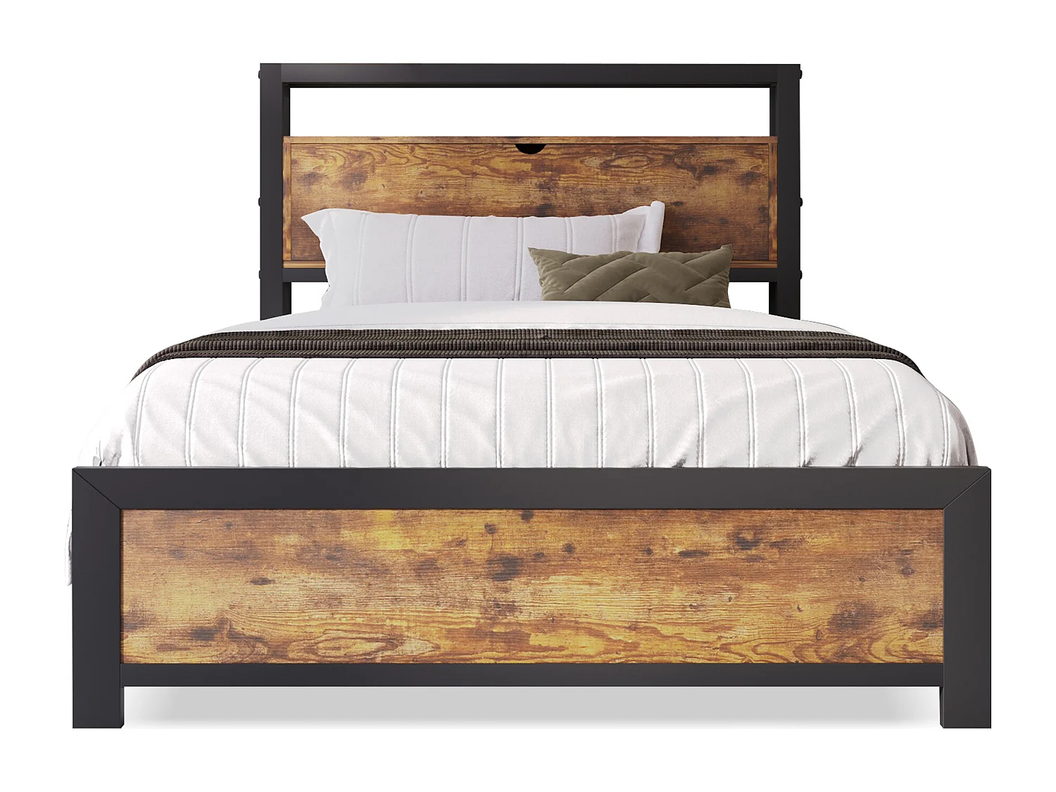 Lit simple 90x200 cm avec tête de lit de rangement et espace sous le lit, métal et bois, naturel (Sans matelas)