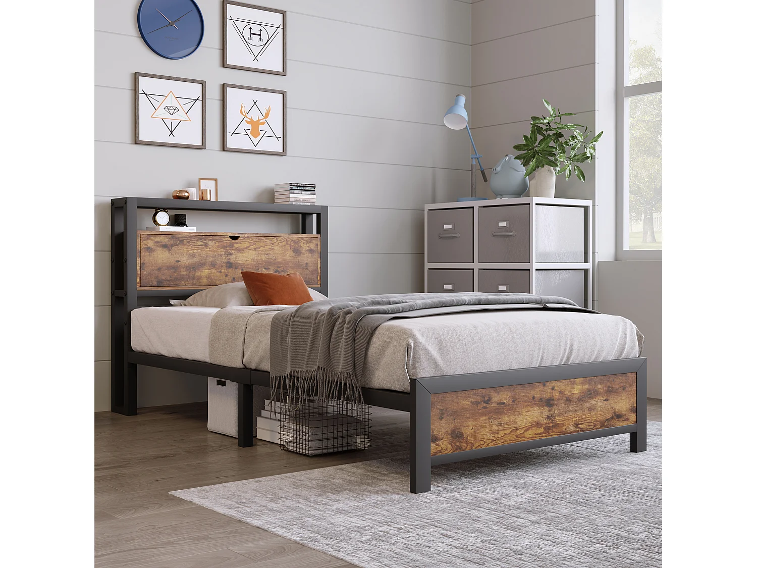 Lit simple 90x200 cm avec tête de lit de rangement et espace sous le lit, métal et bois, naturel (Sans matelas)