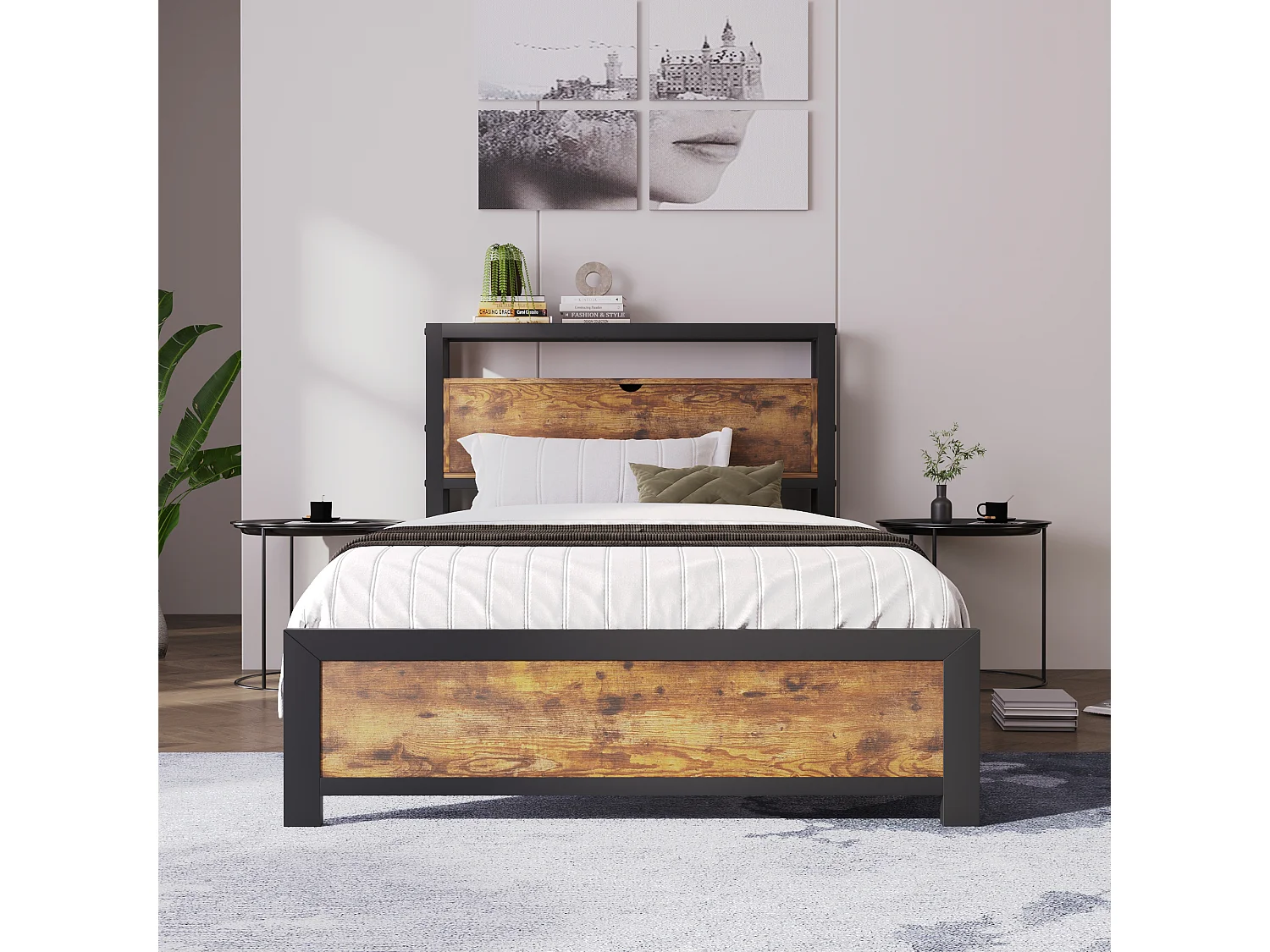 Lit simple 90x200 cm avec tête de lit de rangement et espace sous le lit, métal et bois, naturel (Sans matelas)
