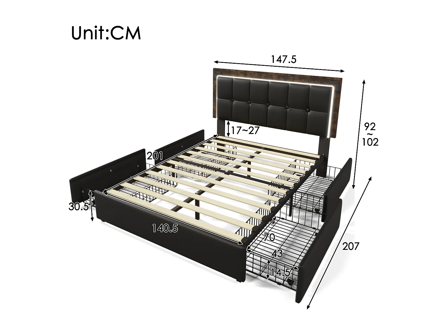 Lit double 140x200cm avec LED quatre tiroirs tête de lit réglable matelas noir pour adulte et adolescents