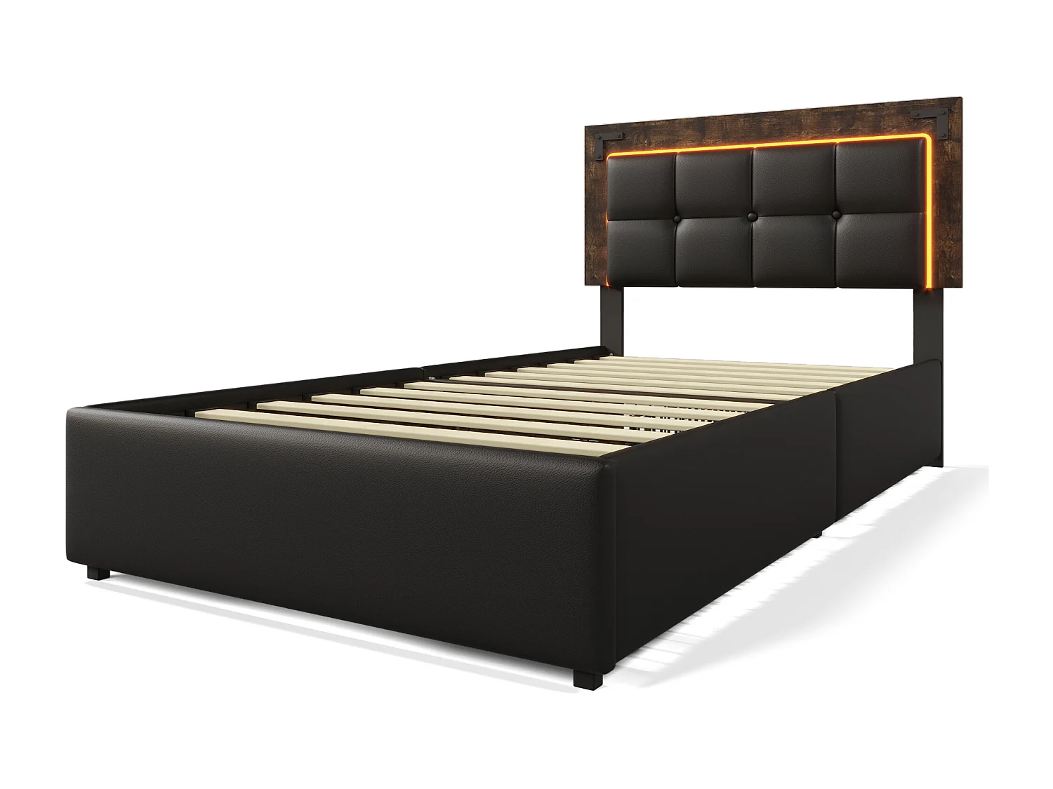 Lit simple 90x200 cm avec LED et 4 tiroirs, tête de lit réglable, PU noir (Avec matelas)