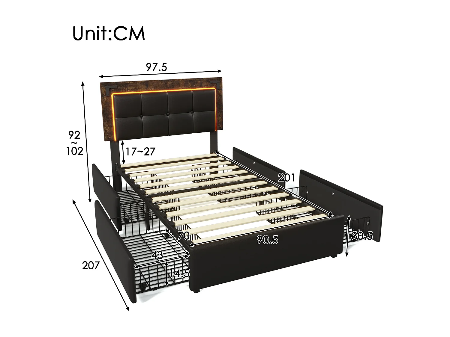 Lit simple 90x200 cm avec LED et 4 tiroirs, tête de lit réglable, PU noir (Avec matelas)
