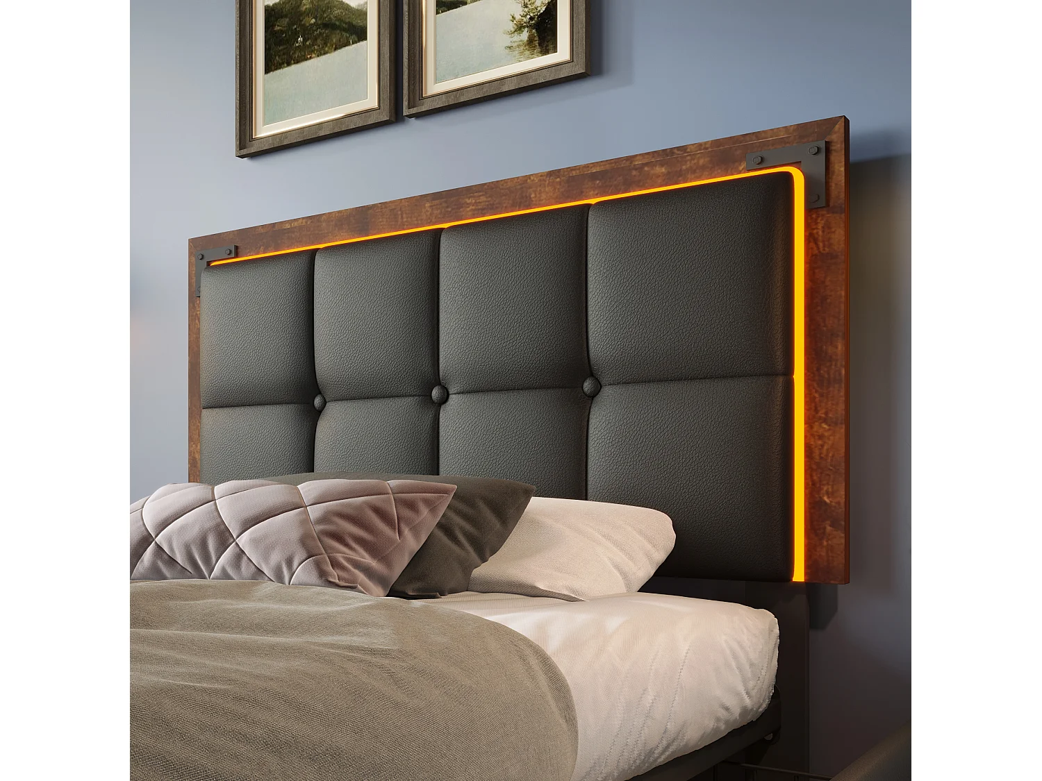 Lit simple 90x200 cm avec LED et 4 tiroirs, tête de lit réglable, PU noir (Avec matelas)