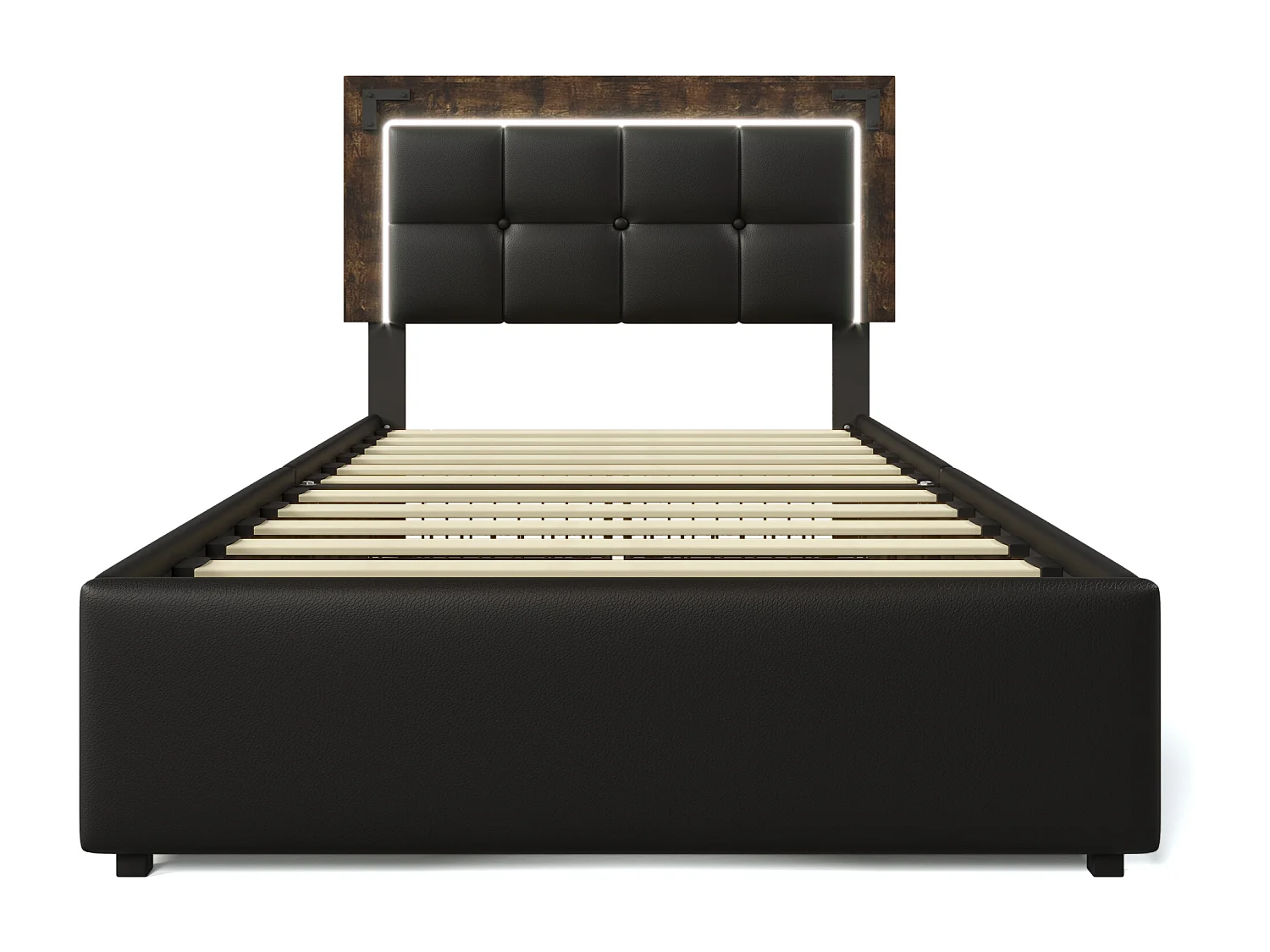 Lit simple 90x200 cm avec LED et 4 tiroirs, tête de lit réglable, PU noir (Avec matelas)