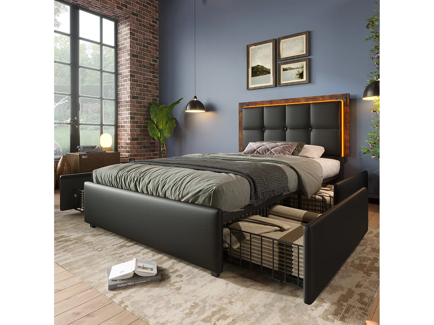 Lit simple 90x200 cm avec LED et 4 tiroirs, tête de lit réglable, PU noir (Avec matelas)