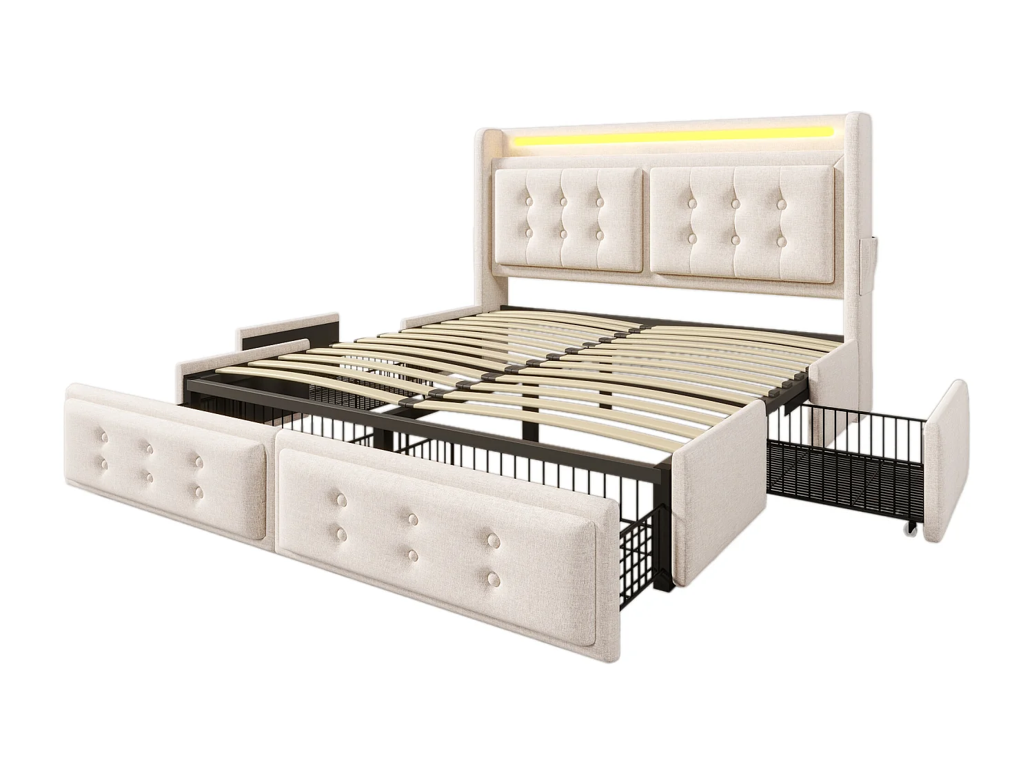 Lit double 140x200 cm, LED, ports USB et Type C, 4 tiroirs, tissu coton lin beige(Sans matelas)