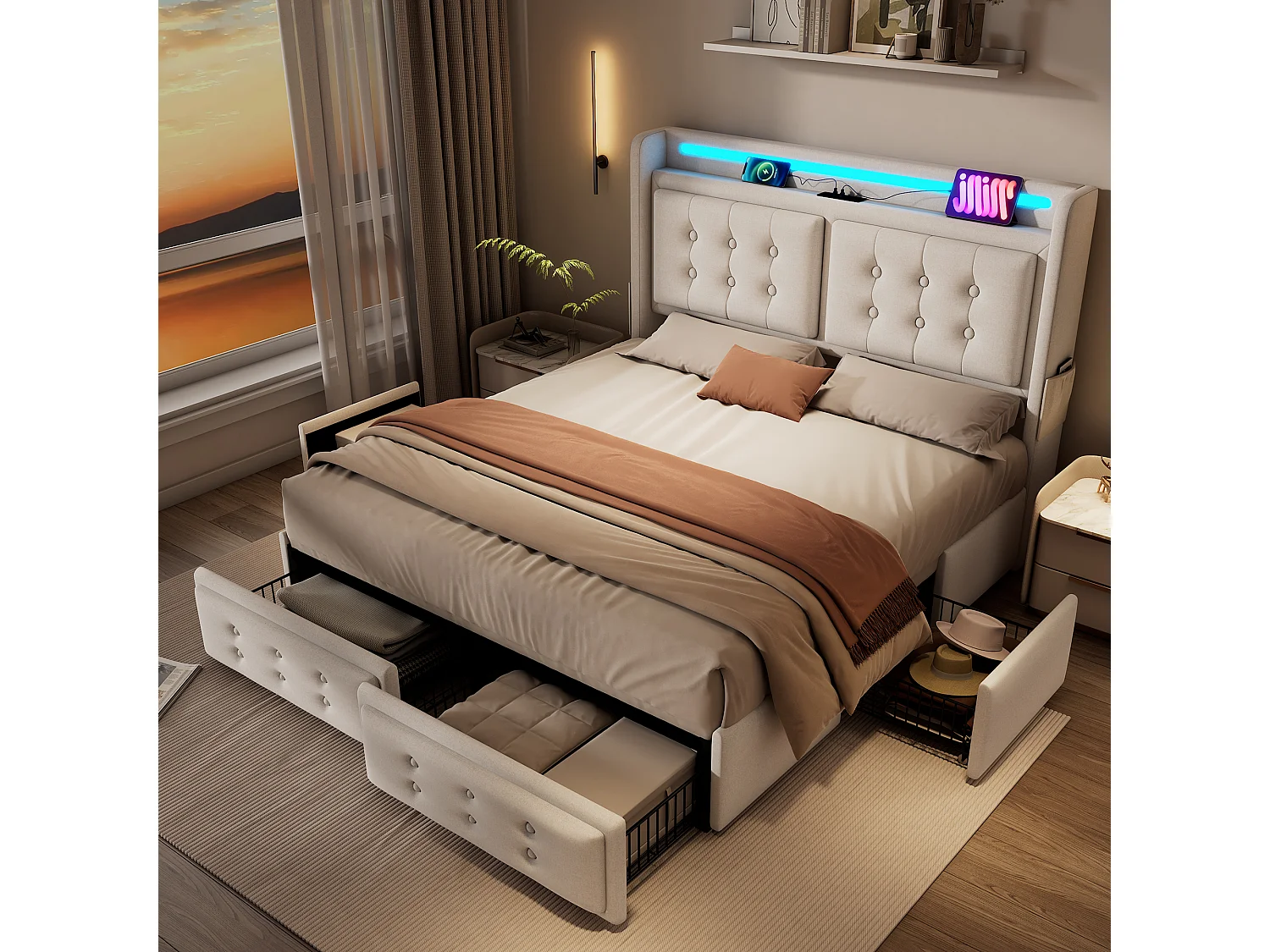 Lit double 140x200 cm, LED, ports USB et Type C, 4 tiroirs, tissu coton lin beige(Sans matelas)