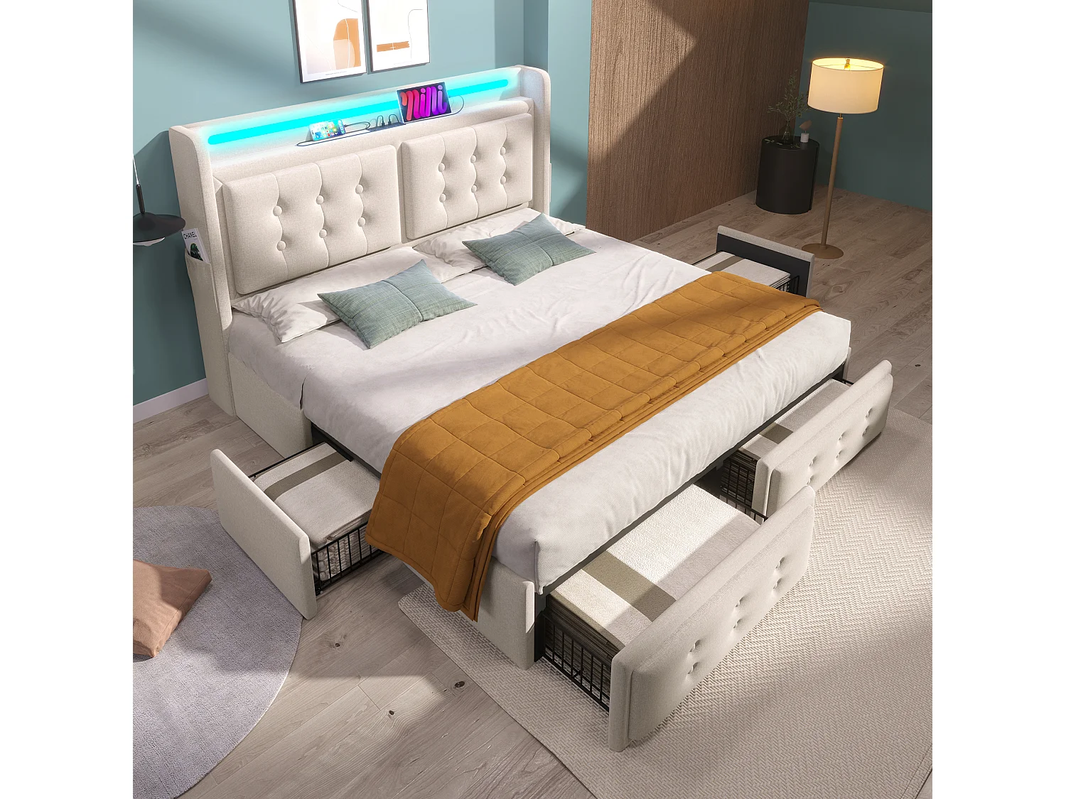 Lit double 140x200 cm, LED, ports USB et Type C, 4 tiroirs, tissu coton lin beige(Sans matelas)